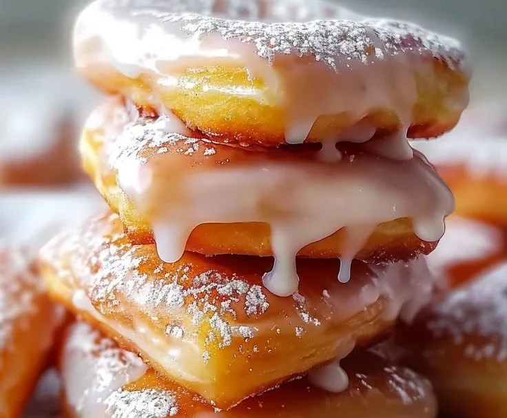 Glazed buttermilk beignet square served on a plate with powdered sugar.
