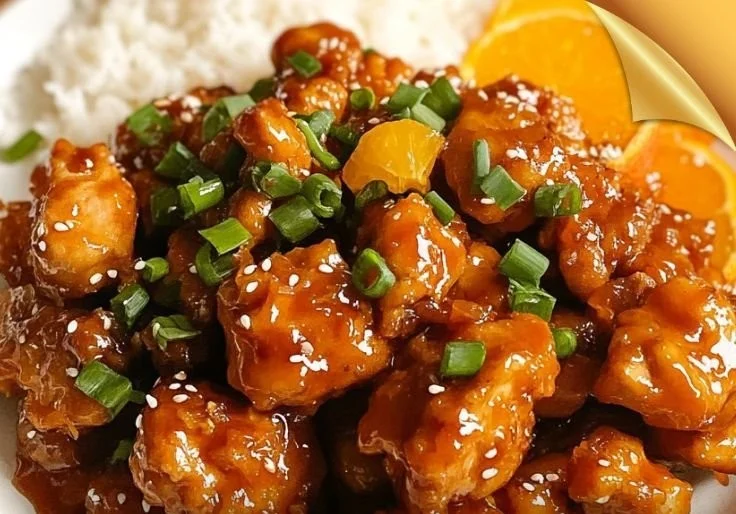 Delicious gluten-free orange chicken served with vegetables and rice