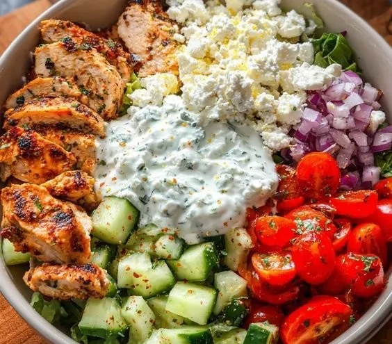 Delicious Greek Chicken Bowls ready to serve with fresh vegetables and tzatziki sauce.