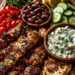 Greek Chicken Souvlaki Grazing Board with Feta Dip, ready to serve.