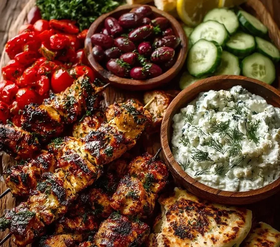 Greek Chicken Souvlaki Grazing Board with Feta Dip, ready to serve.