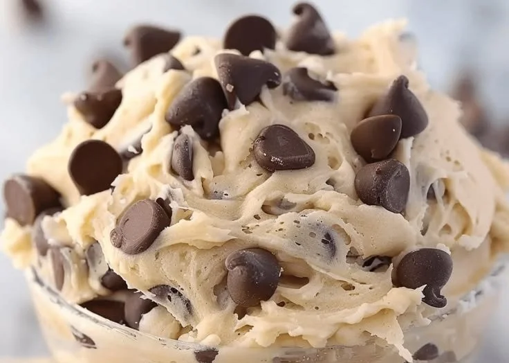 Bowl of Greek yogurt cookie dough with chocolate chips and a spoon