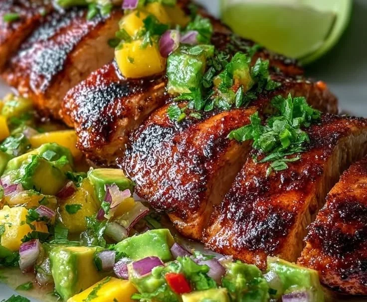 Grilled chicken served with mango and avocado salad for a fresh, healthy meal.