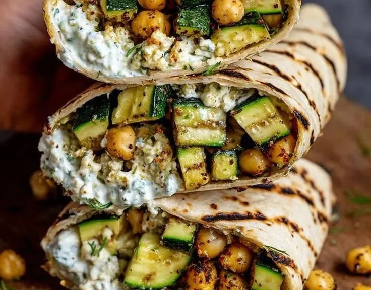 Grilled zucchini and feta chickpea wrap with herbed yogurt on a plate