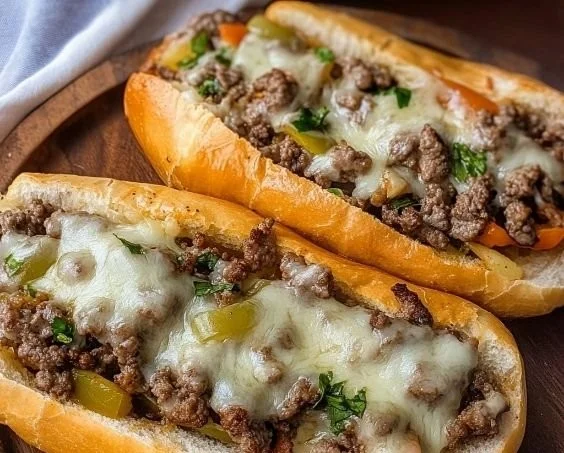 Homemade Ground Beef Philly Cheesesteaks served with toppings