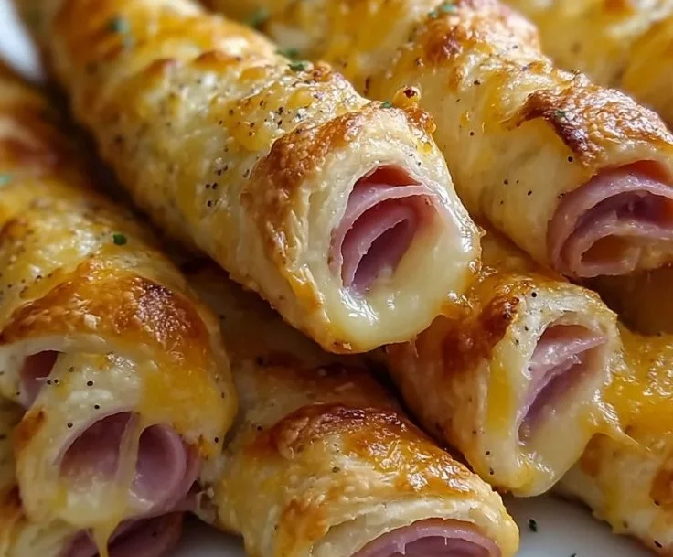 Homemade ham and cheese sticks served on a platter.