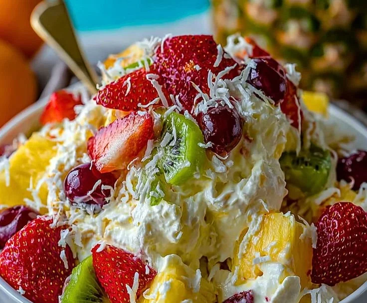 Delicious Hawaiian cheesecake salad topped with fresh tropical fruits