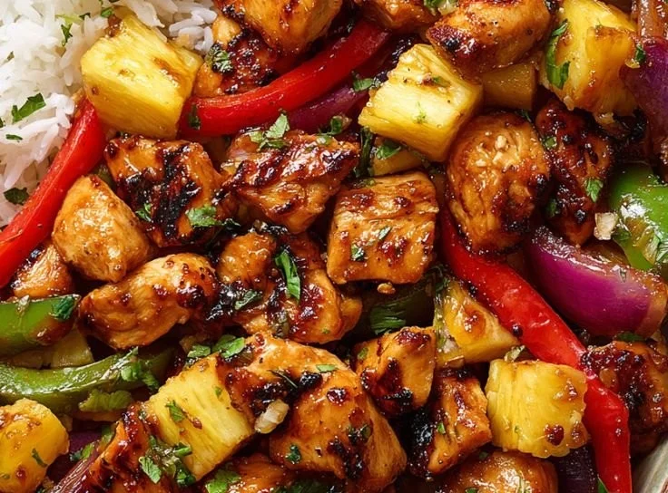 Hawaiian-style chicken sheet pan dinner with pineapple and colorful vegetables