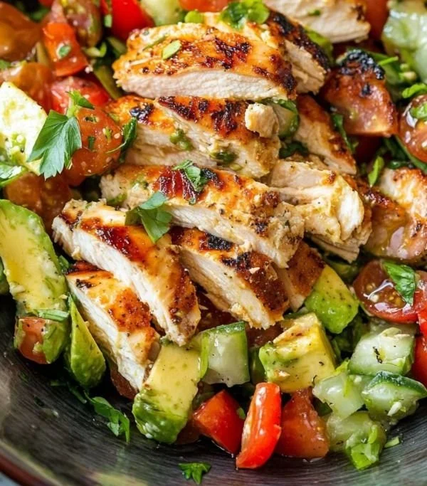 Healthy avocado chicken salad with veggies and chicken in a bowl.