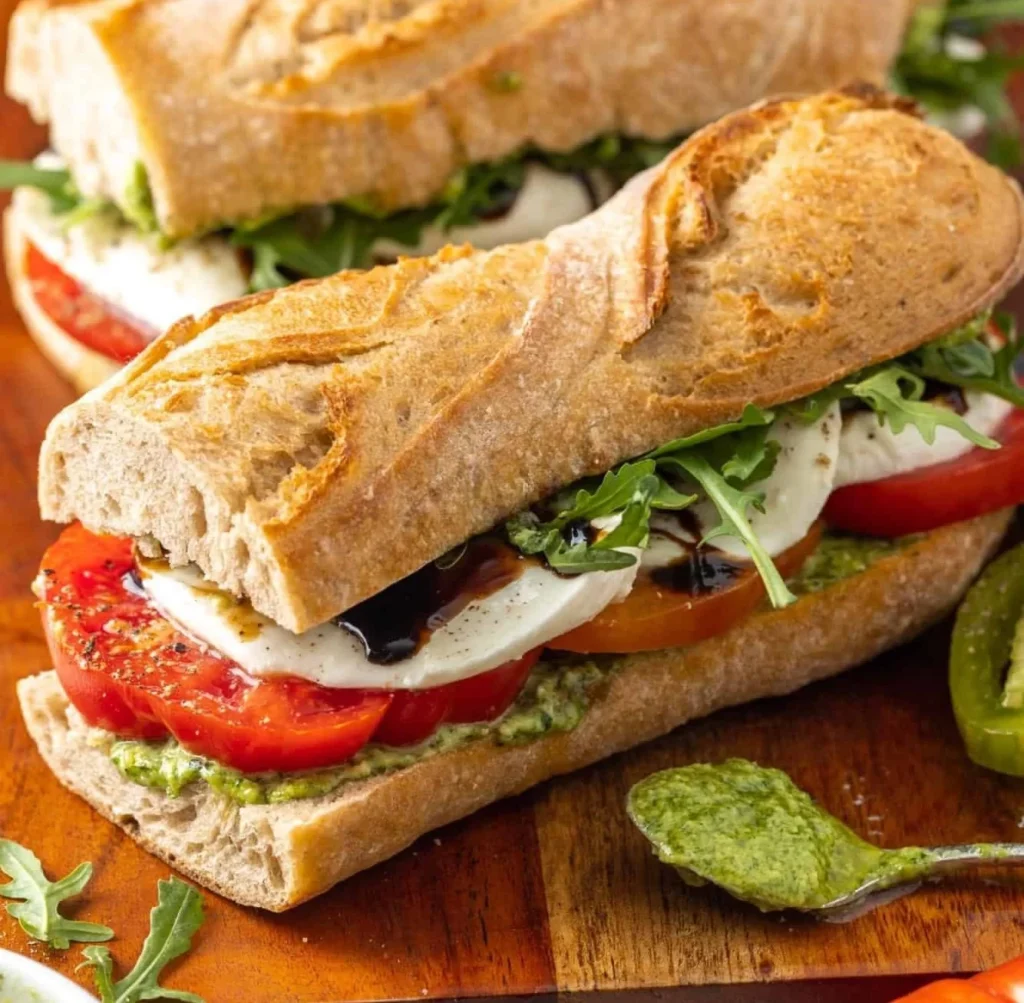 Healthy Caprese breakfast sandwich with pesto and fresh ingredients