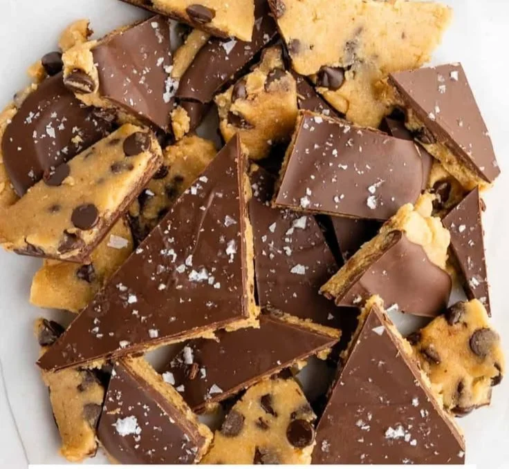 Healthy Cookie Dough Bark with chocolate and nuts served on a plate