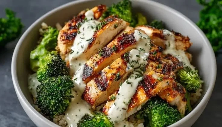 Healthy grilled chicken broccoli bowl with creamy garlic sauce