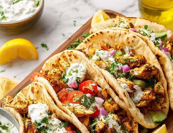 Healthy Mediterranean Chicken Tacos served with fresh toppings