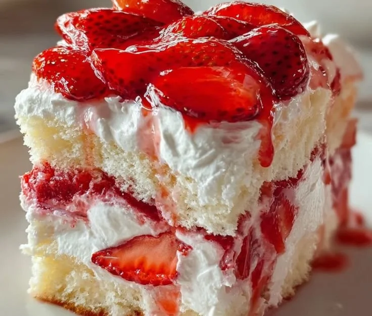 Delicious Heaven on Earth Cake slice topped with whipped cream and cherries