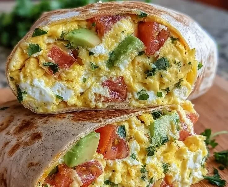 High-protein breakfast wrap with cottage cheese and avocado on a plate