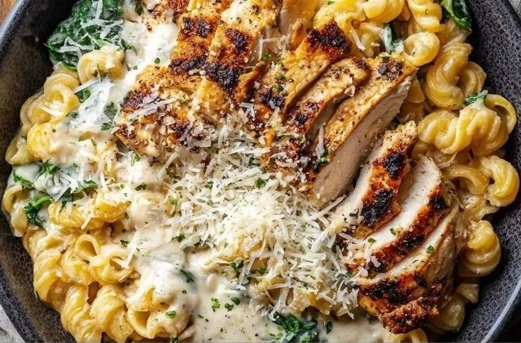 Delicious high-protein garlic parmesan pasta served in a bowl.