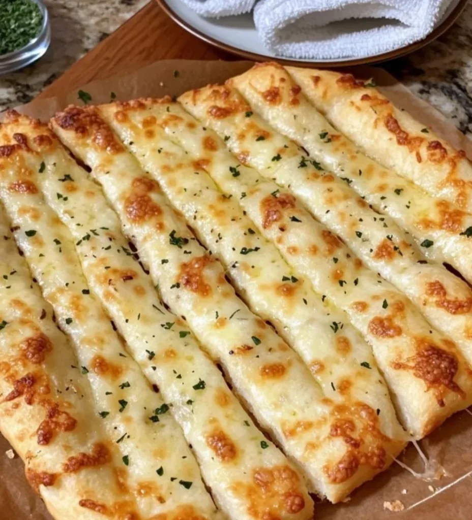 Homemade cheesy garlic breadsticks baked to perfection with melted cheese and garlic.