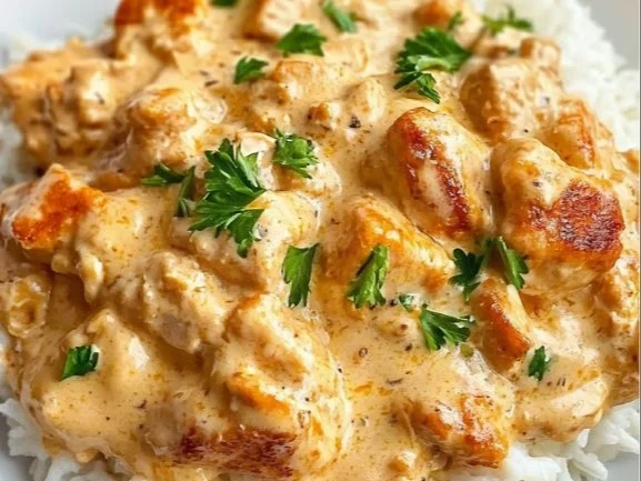 Creamy smothered chicken served over fluffy rice in a homemade dish