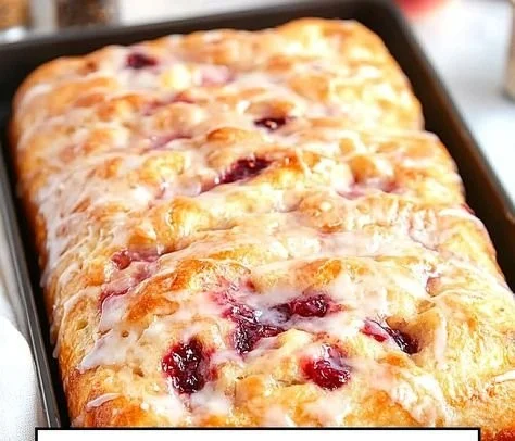 Homemade jam donut focaccia topped with powdered sugar and vibrant fruit jam.