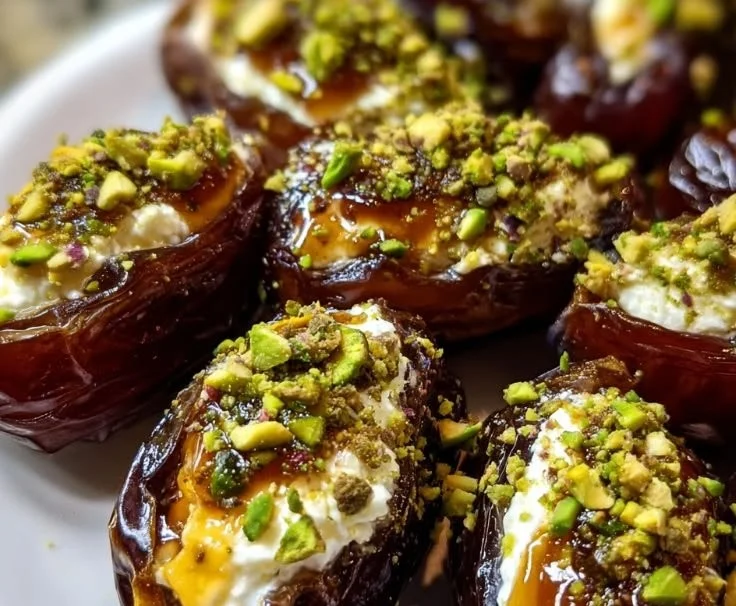 Honey pistachio ricotta stuffed dates on a serving platter