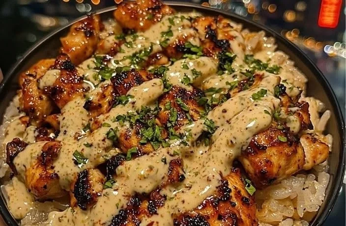 Delicious Honey Sriracha Chicken Rice Bowls topped with fresh vegetables