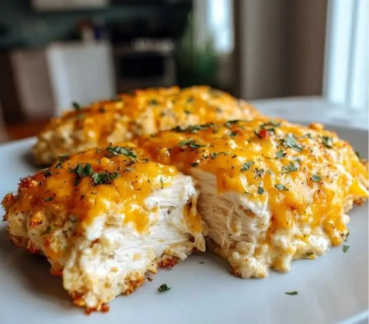 Delicious Ranch Chicken Bake served on a platter with herbs and side dishes.