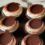 Delicious chocolate tiramisu cupcakes topped with creamy mascarpone frosting