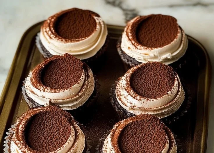 Delicious chocolate tiramisu cupcakes topped with creamy mascarpone frosting