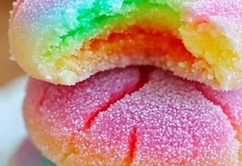 Colorful Jello sugar cookies on a plate, showcasing their soft and chewy texture.