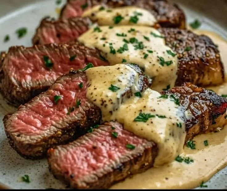 Juicy steak topped with a luscious creamy garlic sauce on a plate