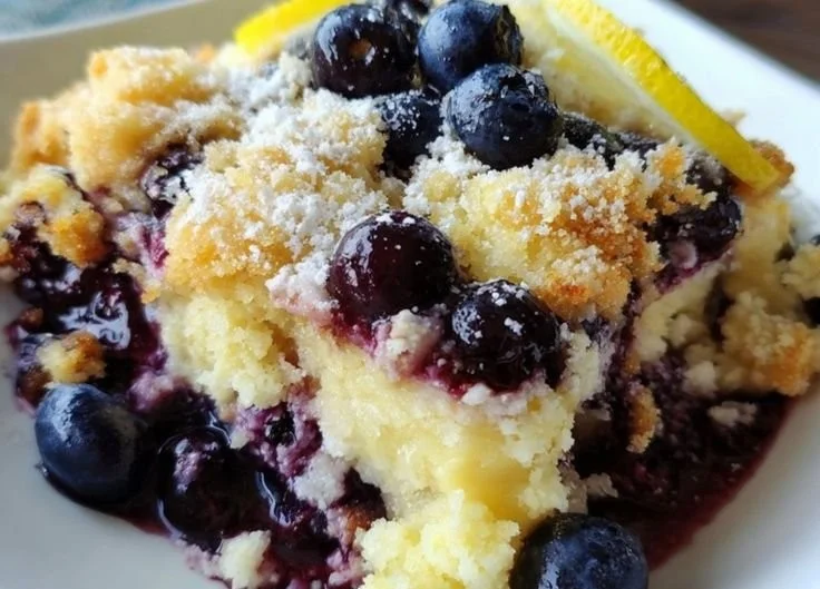 Slice of Lemon Blueberry Cheesecake Dump Cake on a serving plate