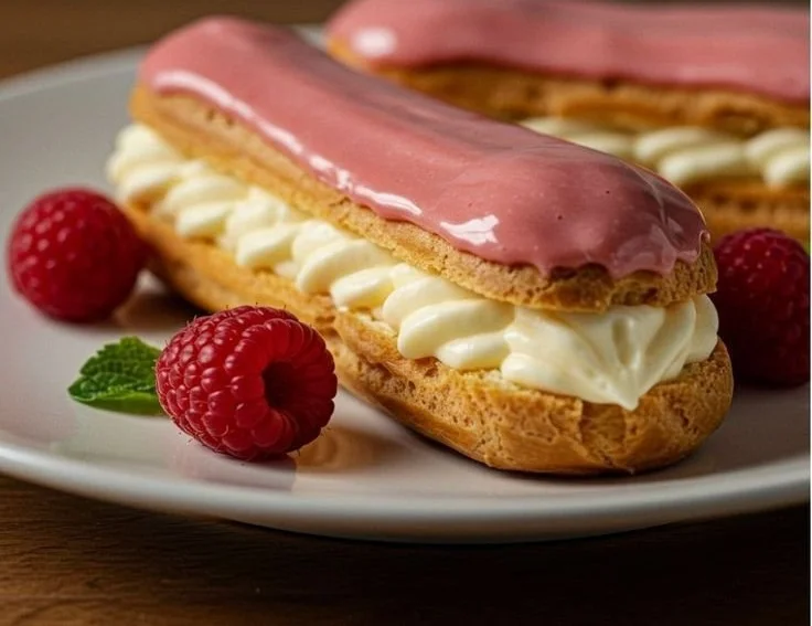 Lemon Raspberry Eclairs with creamy filling and fresh berries on top.
