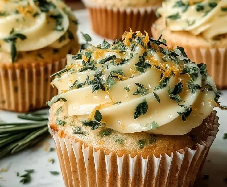 Delicious Lemon Thyme Rosemary Cupcakes topped with fresh herbs and citrus flavor