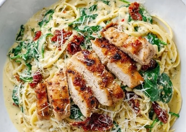 Light pesto pasta with chicken served in a bowl, garnished with basil.