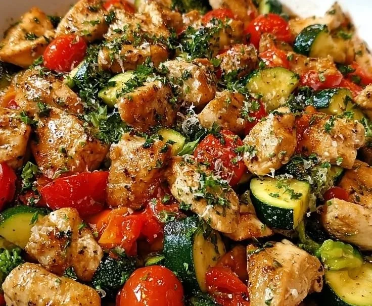 Loaded chicken and veggie skillet with colorful vegetables in a pan