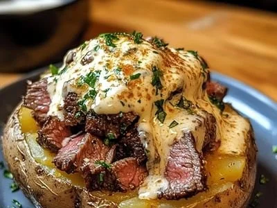 Delicious loaded potato topped with savory steak and fresh toppings.