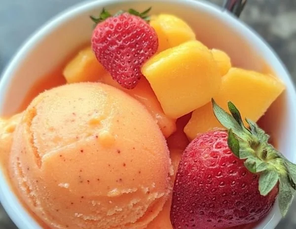 Delicious bowl of mango strawberry sorbet topped with fresh fruit