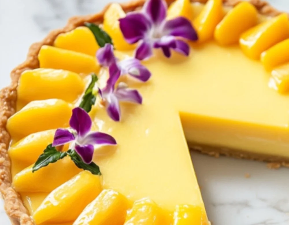 Delicious mango curd tart with a golden crust and vibrant mango filling