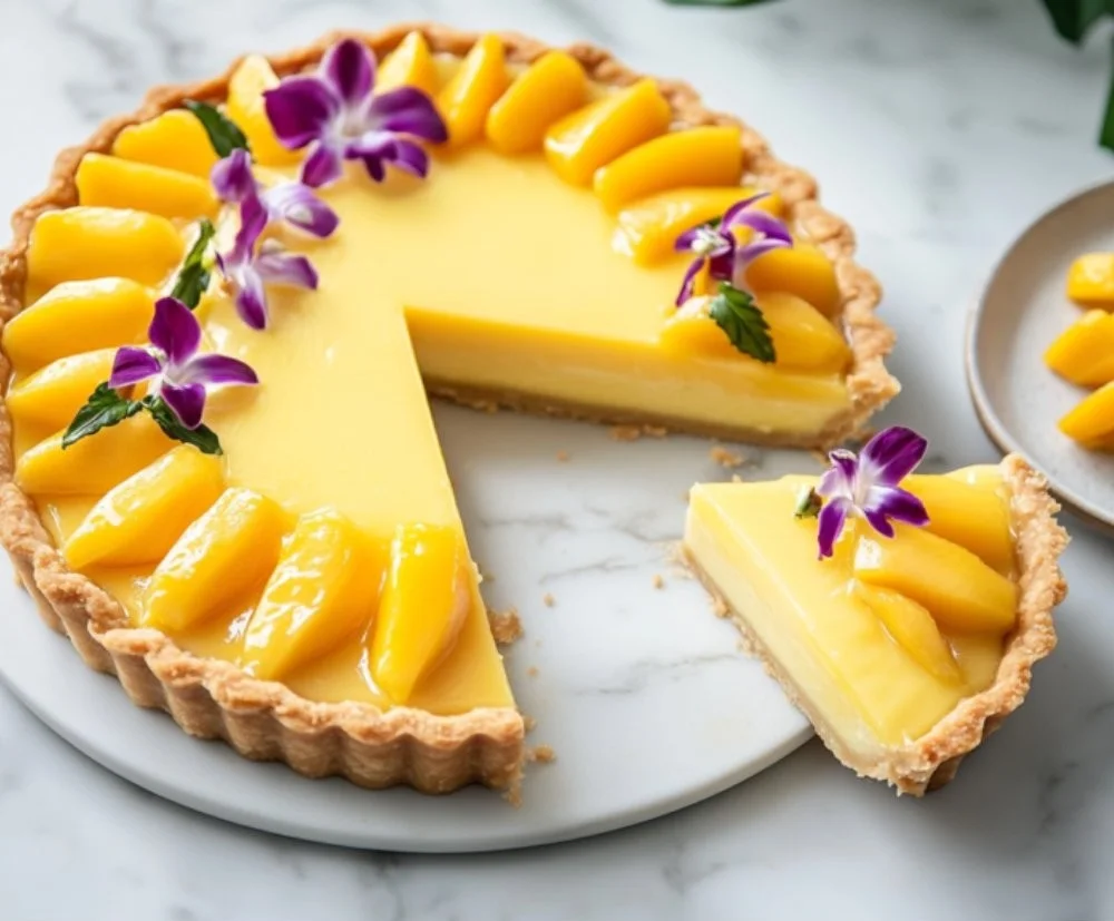 Deliciously refreshing Mango Curd Tart with mango topping and creamy filling