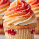 Mango Strawberry Sunset Cupcakes topped with fresh fruit and creamy frosting.