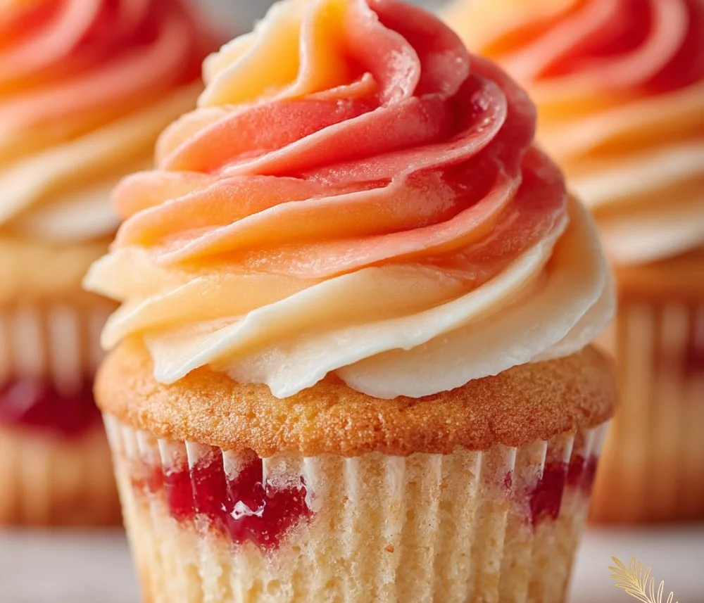 Mango Strawberry Sunset Cupcakes topped with fresh fruit and creamy frosting.