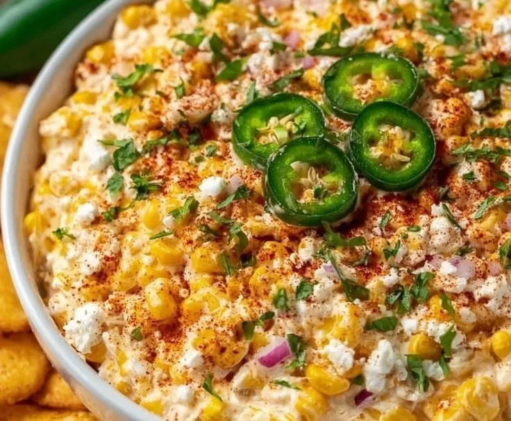 Bowl of delicious Mexican Street Corn Dip with toppings and tortilla chips.