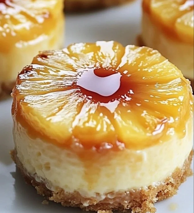 Mini pineapple upside-down cheesecakes topped with pineapple slices and cherries