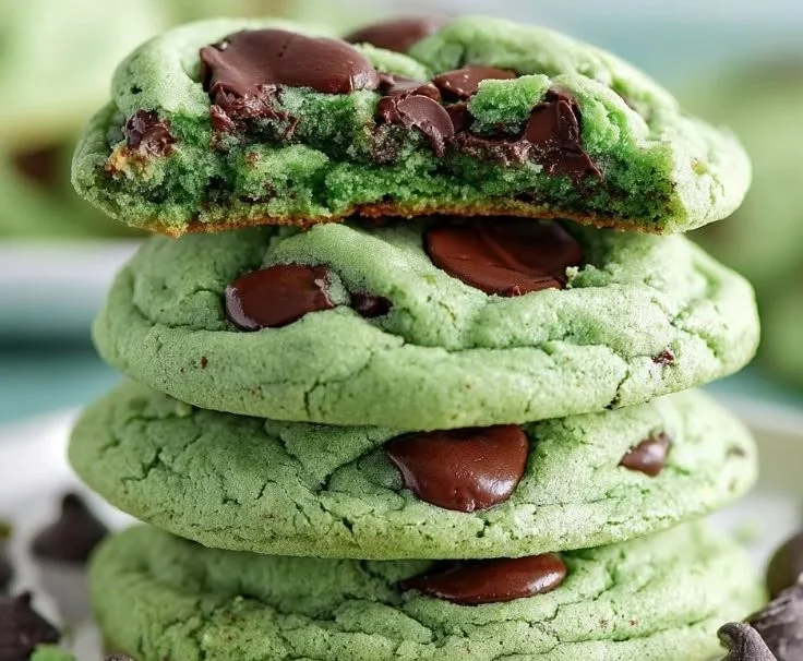 Freshly baked mint chocolate chip cookies on a cooling rack