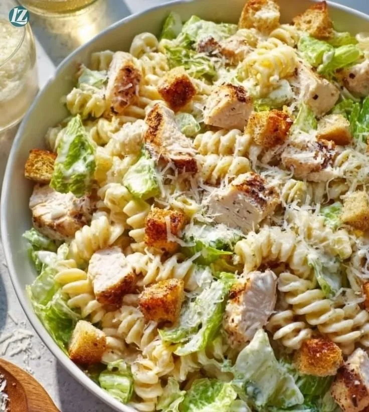 Delicious Chicken Caesar Pasta Salad in a bowl garnished with fresh herbs