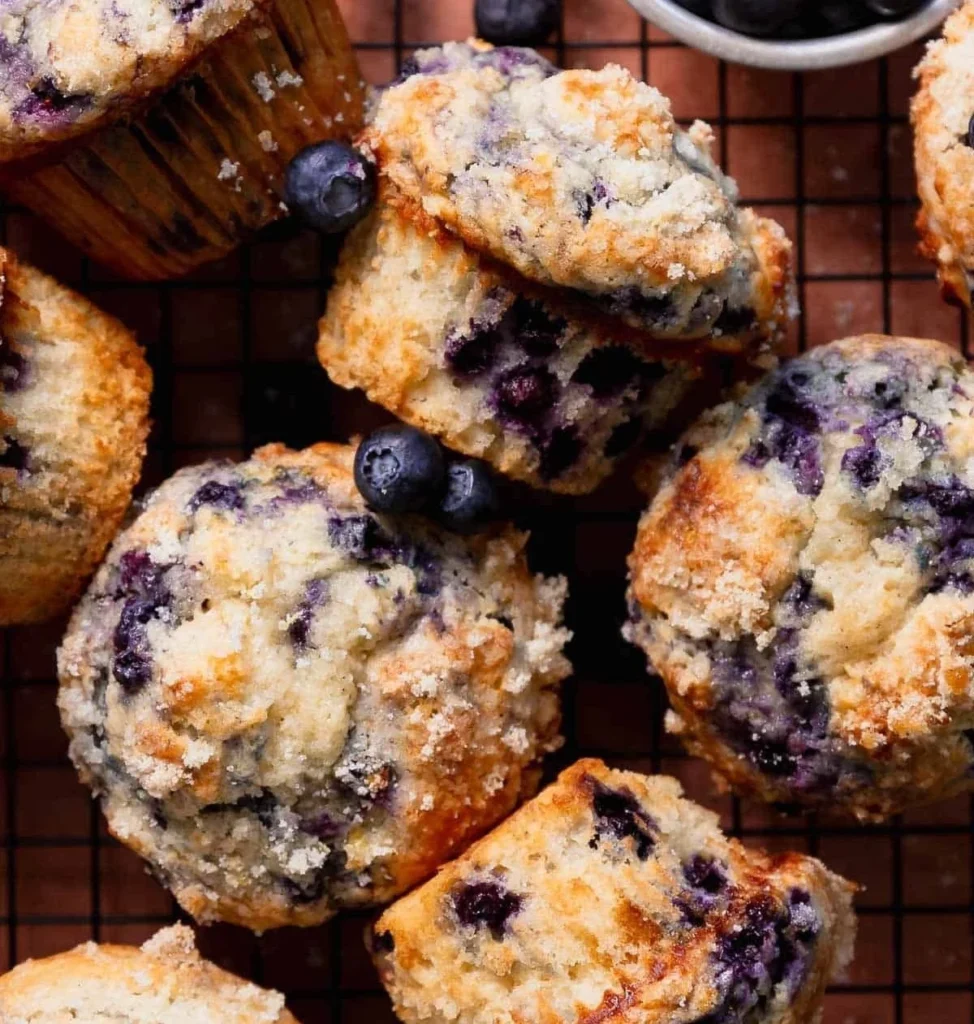 Delicious bakery style blueberry muffins fresh out of the oven