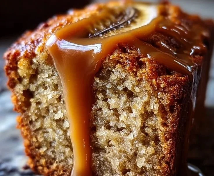 A slice of moist banana bread on a wooden cutting board