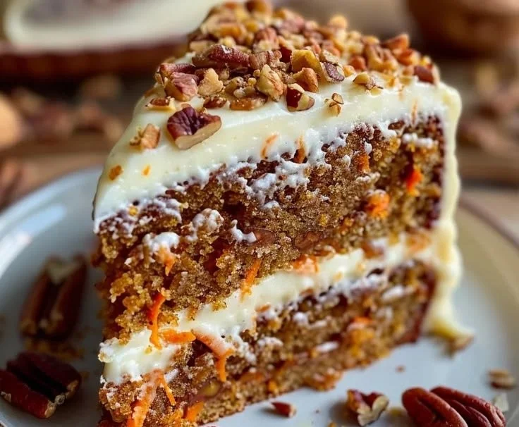 Moist homemade carrot cake topped with cream cheese frosting and garnished with walnuts.