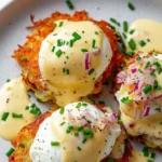 Deliciously plated Latke Eggs Benedict with crispy latkes and creamy hollandaise sauce.