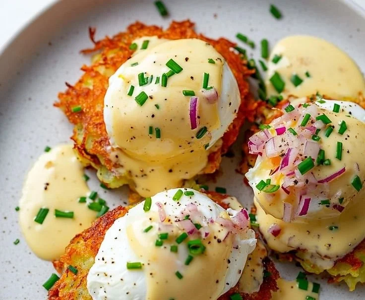Deliciously plated Latke Eggs Benedict with crispy latkes and creamy hollandaise sauce.